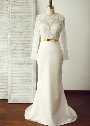 Long Sleeves Ivory Lace Satin Simple Elegant Wedding Dress